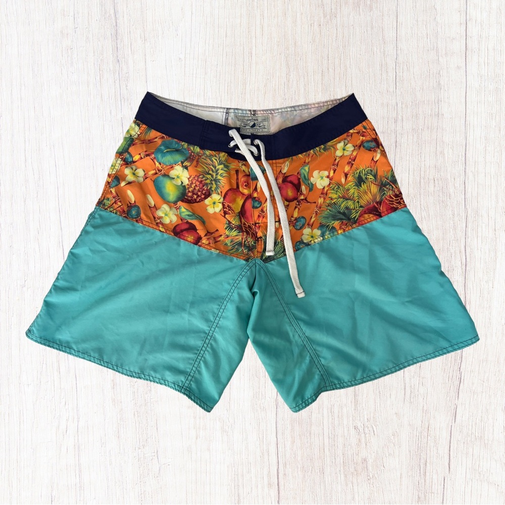 Wellen Hawaiian Two Tone Men Pineapple Floral Bamboo Swim Trunks Size 32.